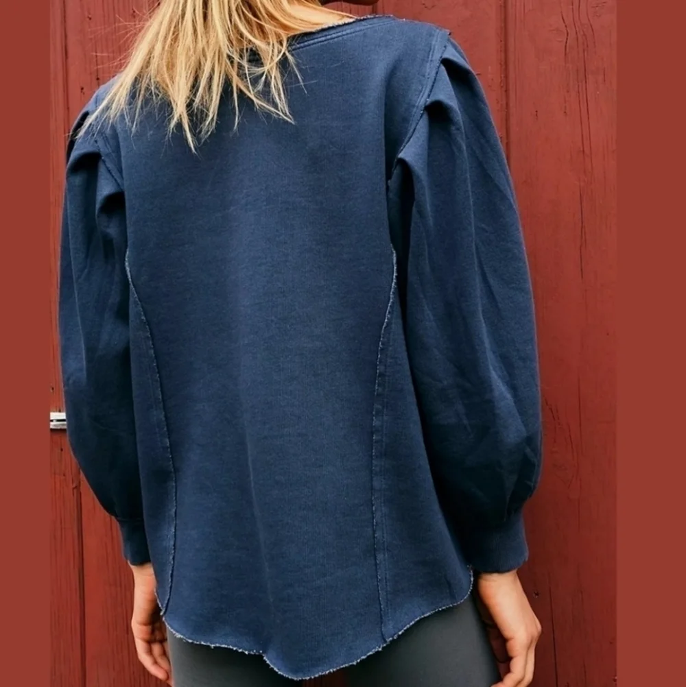 Free People We The Free Rosey Navy Blue Distressed Fleece Oversized Sweatshirt